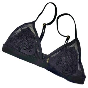 🟣 Forever 21 Black Floral Lace Mesh Bikini Top Gold Hook Eye Closure XSmall